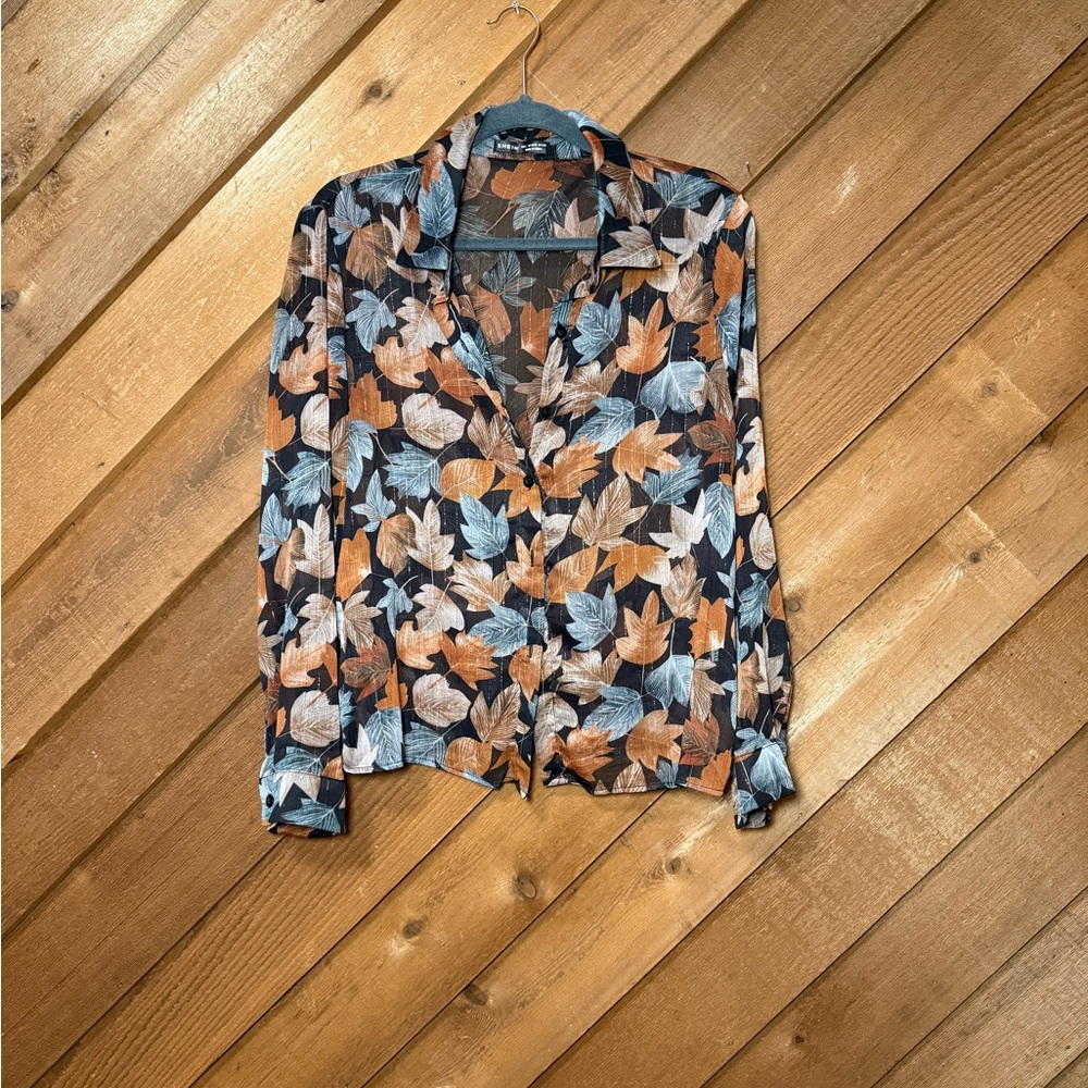 SHEIN Leaf Print Button Down Shirt - Blue, Brown, Tan